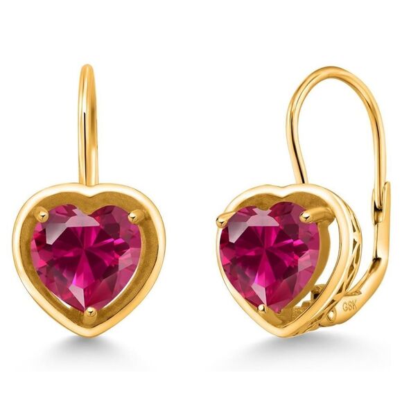 18K Yellow Gold 925 with 2.80 Cttw 7MM Ruby Heart Leverback Drop Earrings - Picture 1 of 5